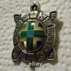 Zuni Stamped Multi Color Inlaid Turtle Pin / Pendant Sterling / 14K 22.3 Grms