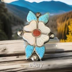 Zuni Sterling Silver Carved Turquoise Coral Flower Brooch Pendant For Necklace