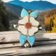 Zuni Sterling Silver Carved Turquoise Coral Flower Brooch Pendant For Necklace