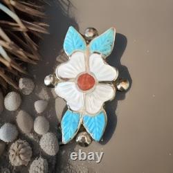 Zuni Sterling Silver Carved Turquoise Coral Flower Brooch Pendant For Necklace