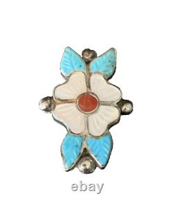 Zuni Sterling Silver Carved Turquoise Coral Flower Brooch Pendant For Necklace