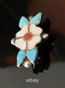 Zuni Sterling Silver Carved Turquoise Coral Flower Brooch Pendant For Necklace