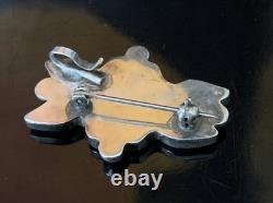 Zuni Sterling Silver Carved Turquoise Coral Flower Brooch Pendant For Necklace