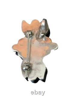 Zuni Sterling Silver Carved Turquoise Coral Flower Brooch Pendant For Necklace