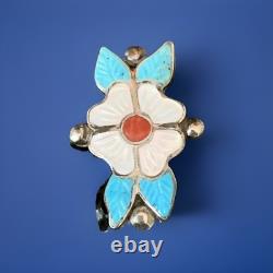 Zuni Sterling Silver Carved Turquoise Coral Flower Brooch Pendant For Necklace