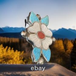 Zuni Sterling Silver Carved Turquoise Coral Flower Brooch Pendant For Necklace