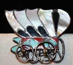 Zuni Sterling Silver Multi Stone Inlay Conestoga Wagon Pendant Pin Moving Wheels