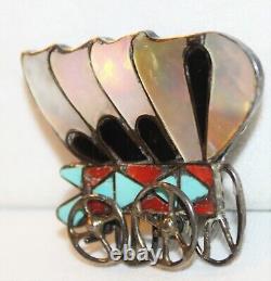 Zuni Sterling Silver Multi Stone Inlay Conestoga Wagon Pendant Pin Moving Wheels