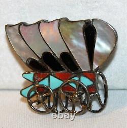 Zuni Sterling Silver Multi Stone Inlay Conestoga Wagon Pendant Pin Moving Wheels