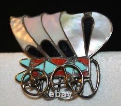 Zuni Sterling Silver Multi Stone Inlay Conestoga Wagon Pendant Pin Moving Wheels