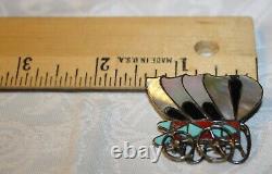 Zuni Sterling Silver Multi Stone Inlay Conestoga Wagon Pendant Pin Moving Wheels