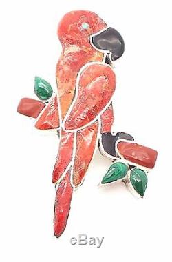 Zuni Sterling Silver Multi-stone Red Parrot Inlay Pendant/Pin Justin Natachu