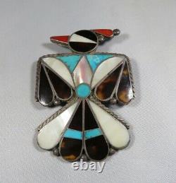 Zuni Sterling Silver Thunderbird Turquoise, Coral, Shell Inlay brooch