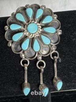 Zuni Sterling Silver Turquoise Cluster Brooch/Pendant With 3 Dangles Signed DB