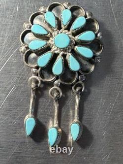 Zuni Sterling Silver Turquoise Cluster Brooch/Pendant With 3 Dangles Signed DB