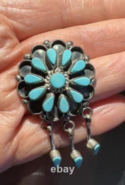 Zuni Sterling Silver Turquoise Cluster Brooch/Pendant With 3 Dangles Signed DB