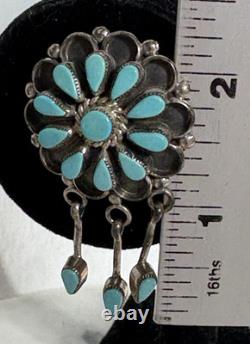 Zuni Sterling Silver Turquoise Cluster Brooch/Pendant With 3 Dangles Signed DB