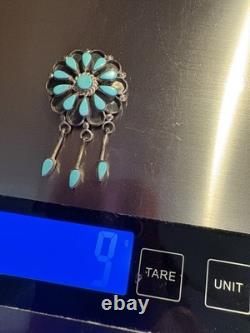Zuni Sterling Silver Turquoise Cluster Brooch/Pendant With 3 Dangles Signed DB