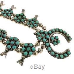 Zuni Sterling Silver Turquoise Cluster Squash Blossom Necklace Earrings Pin Set