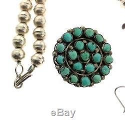 Zuni Sterling Silver Turquoise Cluster Squash Blossom Necklace Earrings Pin Set