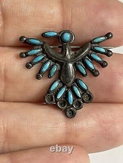 Zuni Sterling Silver Turquoise Petite Point Thunderbird Brooch Pin
