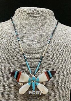 Zuni Sterling Silver Turquoise Shell Coral Inlay Butterfly Pin pendant