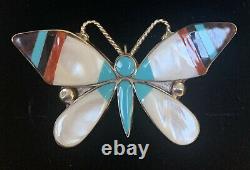 Zuni Sterling Silver Turquoise Shell Coral Inlay Butterfly Pin pendant