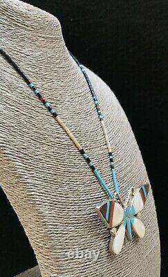 Zuni Sterling Silver Turquoise Shell Coral Inlay Butterfly Pin pendant