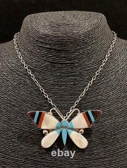 Zuni Sterling Silver Turquoise Shell Coral Inlay Butterfly Pin pendant