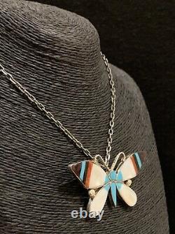 Zuni Sterling Silver Turquoise Shell Coral Inlay Butterfly Pin pendant