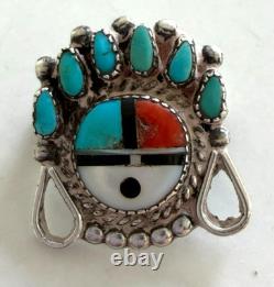 Zuni Sunface Sterling Silver Pin Turquoise Vintage