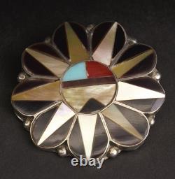 Zuni Sunface Turquoise Stone Inlay Vintage Sterling Silver Pin Brooch Pendant