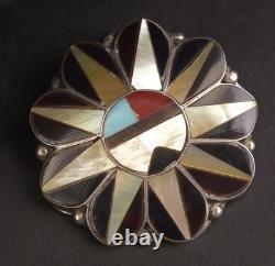 Zuni Sunface Turquoise Stone Inlay Vintage Sterling Silver Pin Brooch Pendant