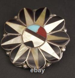 Zuni Sunface Turquoise Stone Inlay Vintage Sterling Silver Pin Brooch Pendant