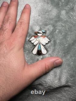Zuni Thunderbird Vintage Inlay Pin Pendant Sterling Silver Aprox 2