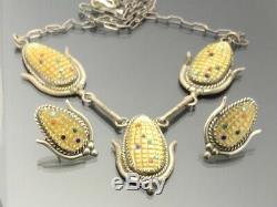 Zuni Tracy Bowekaty Corn Inlay Necklace Earrings Set Sterling Silver