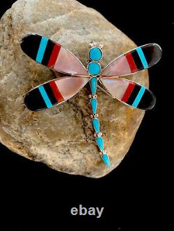 Zuni Turquoise MOP Inlay Dragonfly Sterling Silver Necklace Pin Pendant 1363