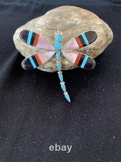 Zuni Turquoise MOP Inlay Dragonfly Sterling Silver Necklace Pin Pendant 1363