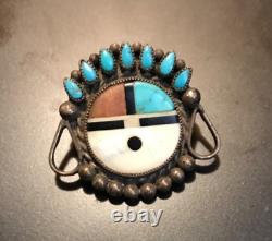 Zuni Turquoise Petit Point Multi Stone Inlay Sun Face Sterling Silver Brooch Pin
