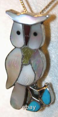 Zuni Vintage Sterling Silver Mop Turquoise Coral Owl Pendant Brooch Pin Signed