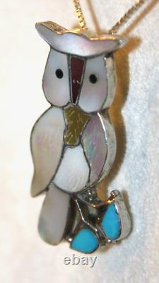 Zuni Vintage Sterling Silver Mop Turquoise Coral Owl Pendant Brooch Pin Signed
