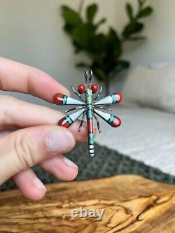 Zuni WJH Turquoise Coral Inlay Sterling Silver Dragonfly Brooch Pendant