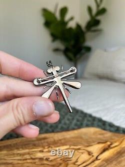 Zuni WJH Turquoise Coral Inlay Sterling Silver Dragonfly Brooch Pendant