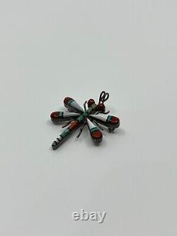 Zuni WJH Turquoise Coral Inlay Sterling Silver Dragonfly Brooch Pendant