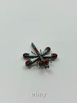 Zuni WJH Turquoise Coral Inlay Sterling Silver Dragonfly Brooch Pendant