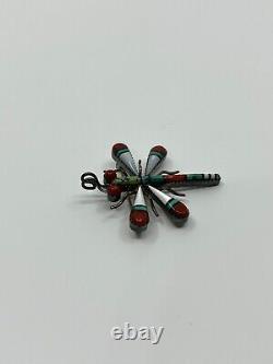 Zuni WJH Turquoise Coral Inlay Sterling Silver Dragonfly Brooch Pendant