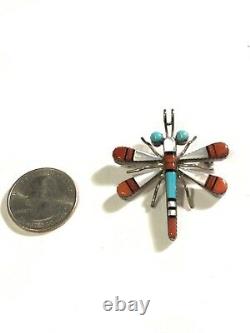 Zuni WJH Turquoise Coral Inlay Sterling Silver Dragonfly Brooch Pendant