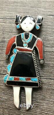 Zuni inlay Silver Turquoise Jet Shell Coral hopi maiden woman girl pin brooch