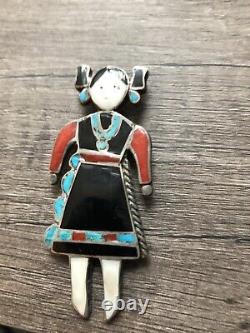 Zuni inlay Silver Turquoise Jet Shell Coral hopi maiden woman girl pin brooch