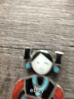 Zuni inlay Silver Turquoise Jet Shell Coral hopi maiden woman girl pin brooch